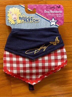 Dolly Parton Navy blue jean & Red Check Dog Bandana - XS/S